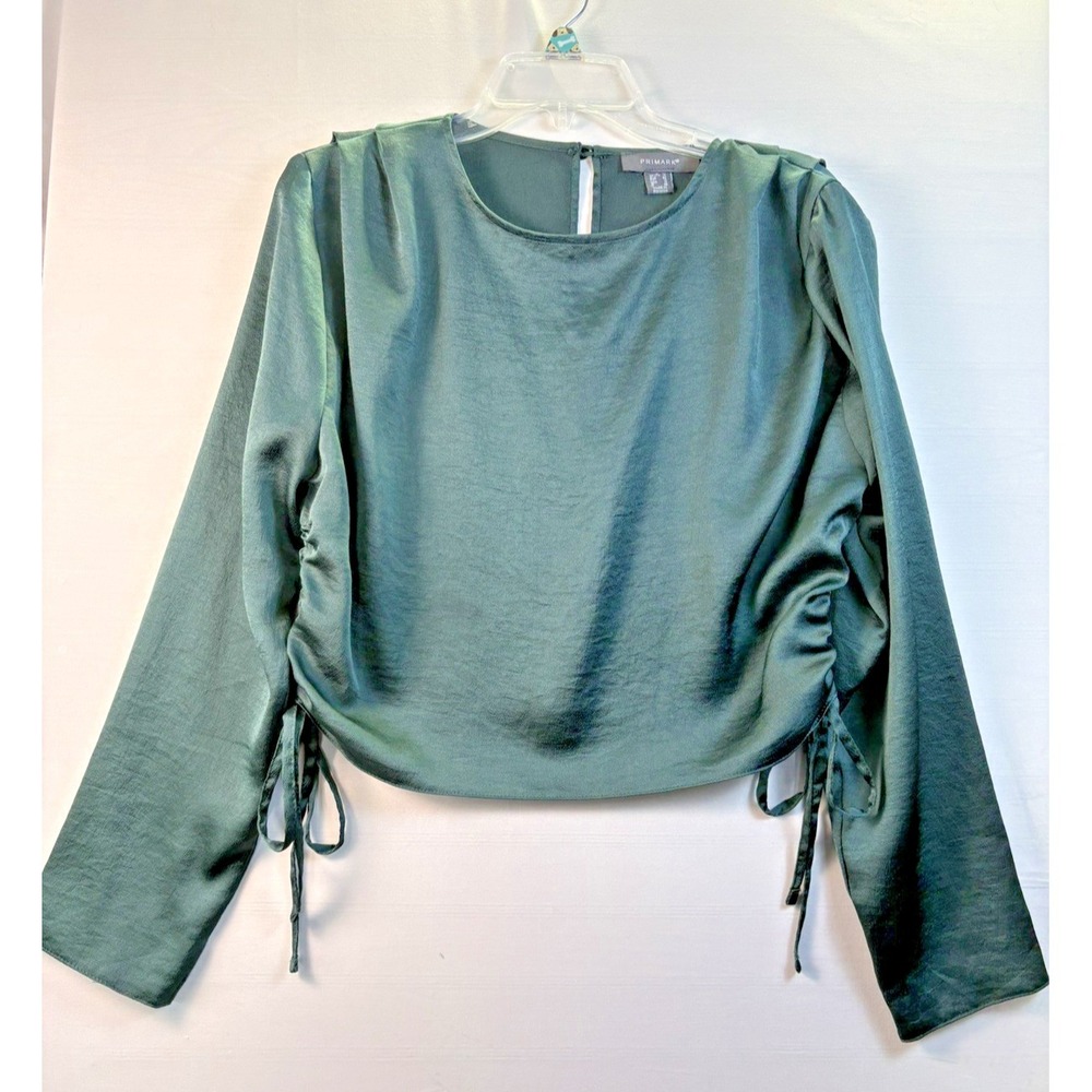 Primark Women Cropped Dark Green‎ Blouse Bell sleeves gather expandable waist 10